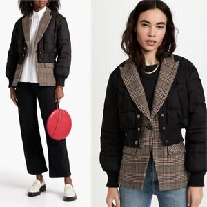 Veronica Beard Larkin Mixed Media Puffer Jacket Black/Brown Plaid Size 6